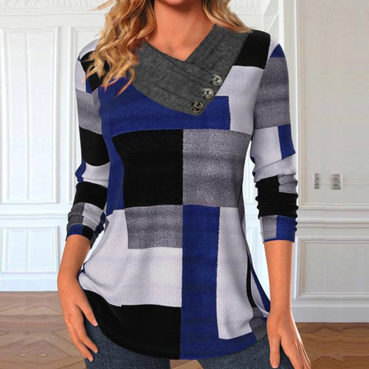 Damen Longsleeve-Tunika mit geometrischem Colorblock und asymmetrischem Knopf-V-Ausschnitt – Avérine