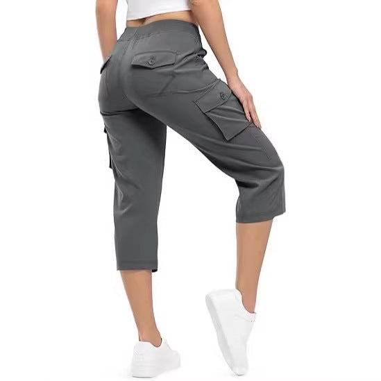 Damen Capri Cargo-Hosen in Bermuda-Länge mit hoher Taille und aufgesetzten Klappentaschen Echoarchiv