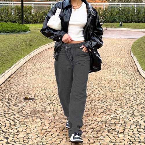Damen hochgeschnittene locker sitzende Jeans mit weitem Bein und asymmetrischer Knopfleiste Echo Archiv