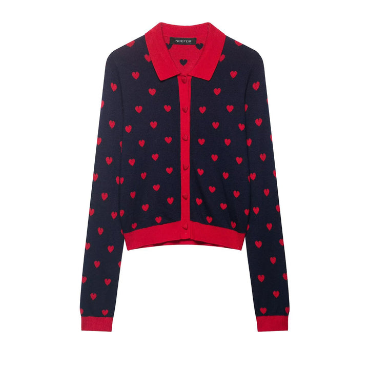 Damen Kurze Strickjacke im Cardigan‑Stil mit Herz‑Jacquard und Reverskragen Echoarchiv