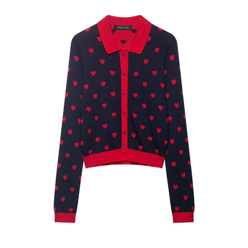 Damen Kurze Strickjacke im Cardigan‑Stil mit Herz‑Jacquard und Reverskragen Echoarchiv
