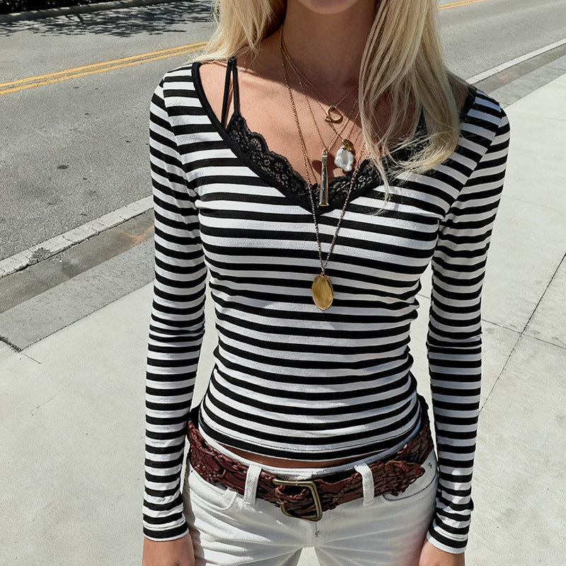 Damen nan gestreiftes Langarmshirt mit Spitzen‑V-Ausschnitt und Doppelspaghettiträger Echo Archiv