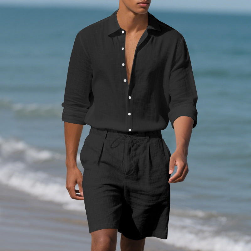 Herren lässiges Leinenhemd mit modischem Henley-Kragen und praktischen Brusttaschen Echoarchiv