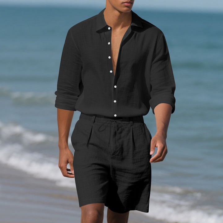 Herren lässiges Leinenhemd mit modischem Henley-Kragen und praktischen Brusttaschen Echoarchiv