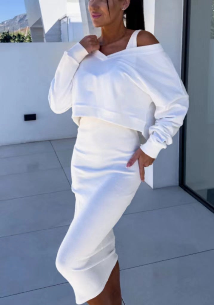 Damen Zweiteiliges Lässig-Chic Lounge-Set mit asymmetrischem Off-Shoulder Sweatshirt und figurbetontem Midi-Rock – Élanora