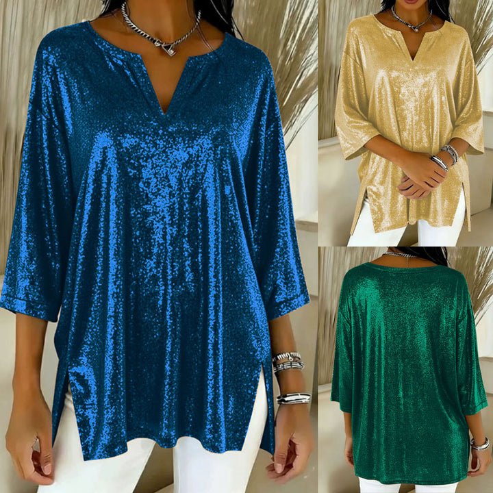 Damen Glitzernde Tunika-Bluse mit V‑Ausschnitt, Fledermausärmeln und Seitenschlitzen – Élovi