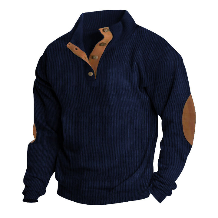 Herren nan rustikaler gerippter Pullover mit Henley-Kragen und lederartigen Ellbogenbesätzen Echo Archiv