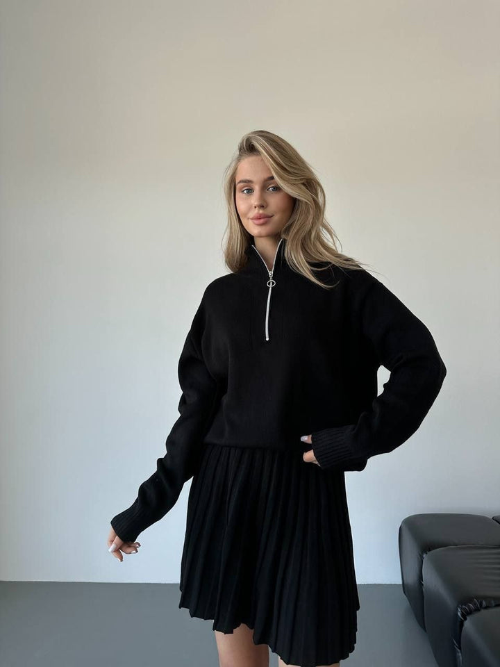 Damen gemütliches Strick-Set mit Reißverschluss-Pullover und plissiertem Rock – Élanora
