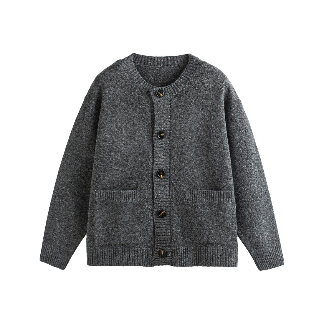 Unisex Grobgestrickte Boxy-Strickjacke mit Knopfleiste, Rundhalsausschnitt und aufgesetzten Taschen Echoarchiv