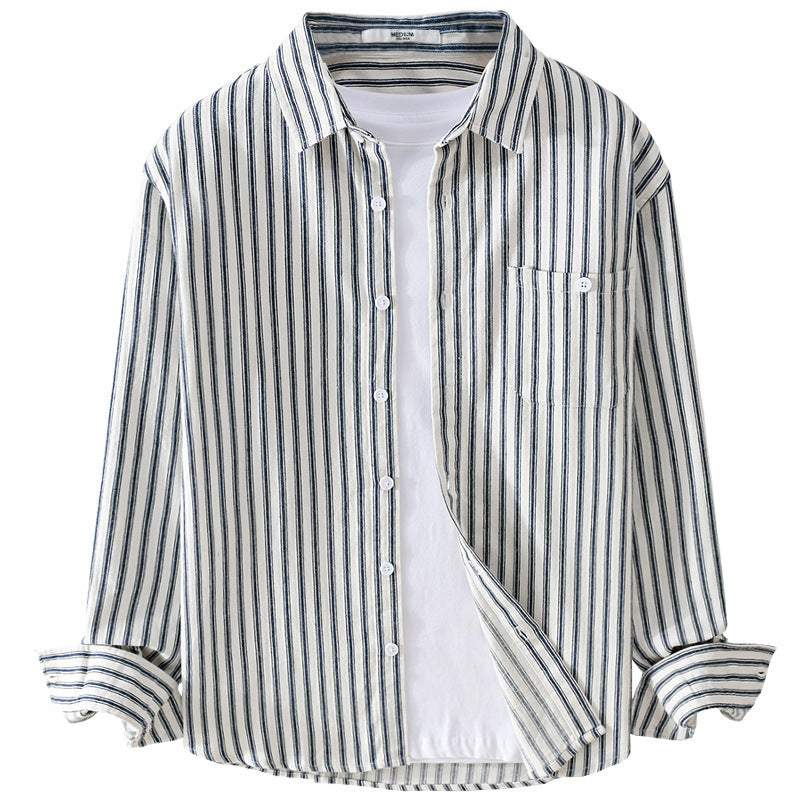 Herren Leichtes gestreiftes Layering-Overshirt aus Leinen-Baumwollmix mit Brusttasche und abgerundetem Saum Echoarchiv