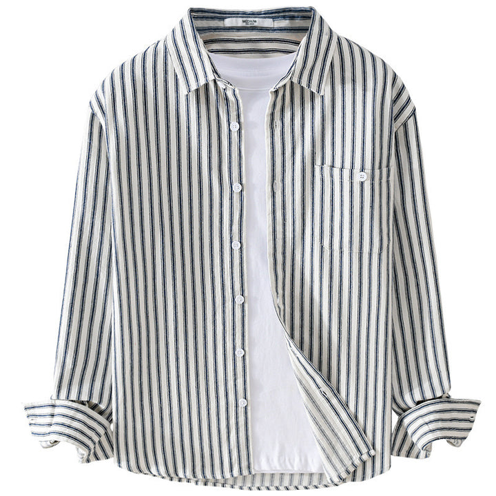 Herren Leichtes gestreiftes Layering-Overshirt aus Leinen-Baumwollmix mit Brusttasche und abgerundetem Saum Echoarchiv