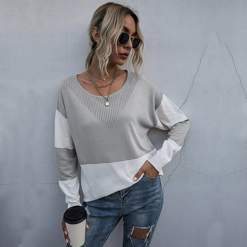 Damen Lässiger Strickpullover mit V-Ausschnitt und Farbblock Echo Archiv