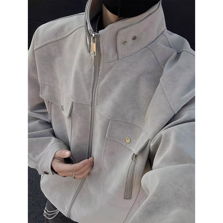 Herren Oversized Wildleder-Optik Utility-Jacke mit hohem Stehkragen Echoarchiv