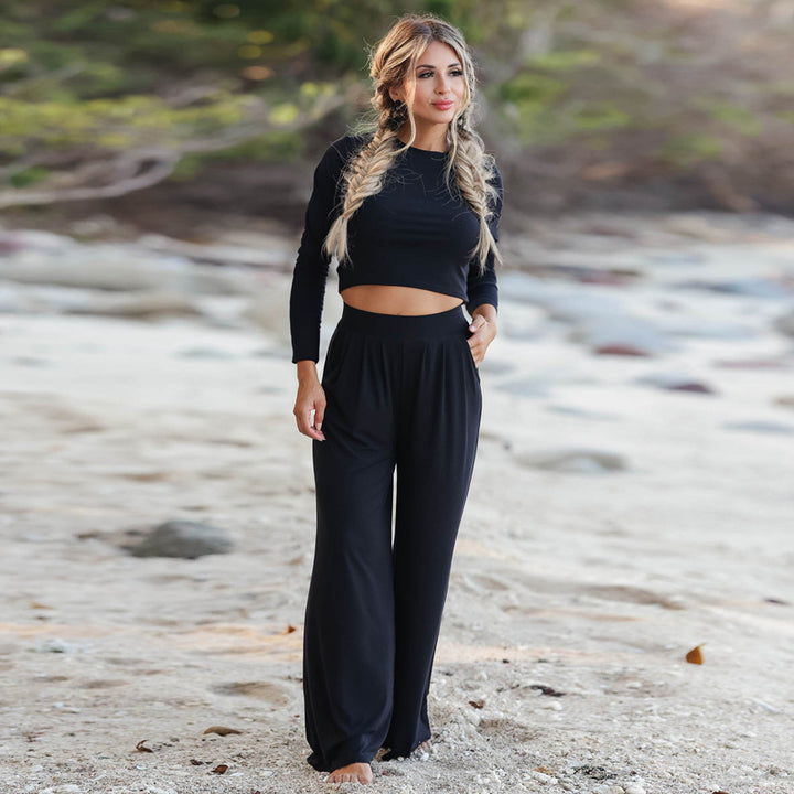 Damen Langarm Cropped Pullover und Hochbund Weite Hose Lounge Set Echoarchiv