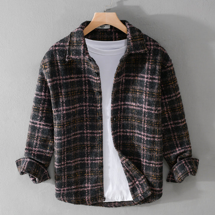 Herren Bouclé-Overshirt im Hemdjackenstil mit Kentkragen und Karomuster Echoarchiv