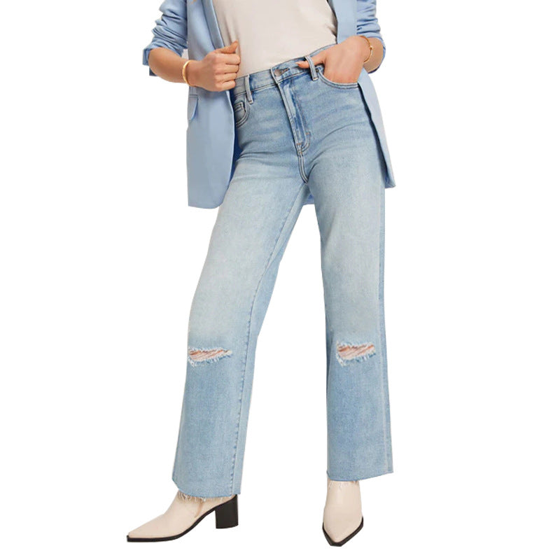 Damen High-Waist Jeans mit fransigem Saum und modischen Rissdetails Echo Archiv