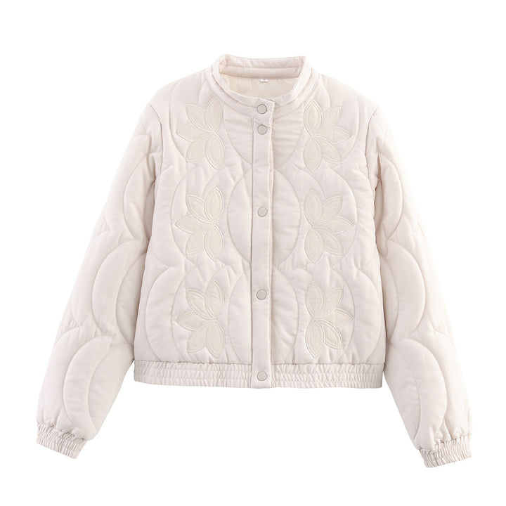 Damen Kurz geschnittene gesteppte Jacke mit Blumenapplikation und Stehkragen Echo Archiv