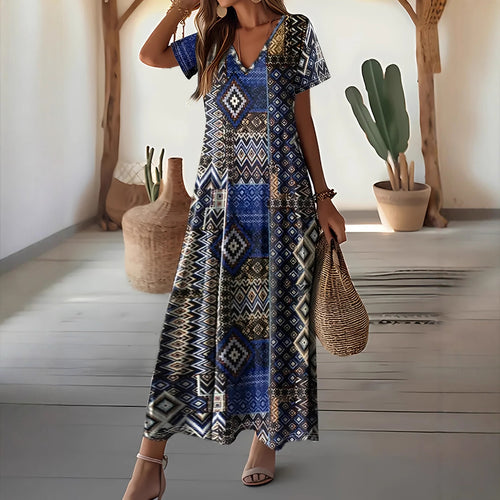 Damen Maxikleid mit geometrischem Muster und V-Ausschnitt Echo Archiv