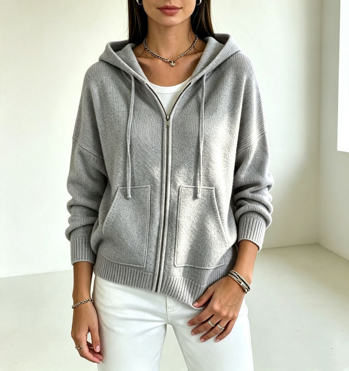 Damen Kapuzen-Wollmix Zip-Cardigan mit kastiger Passform und Kängurutaschen – Auréline