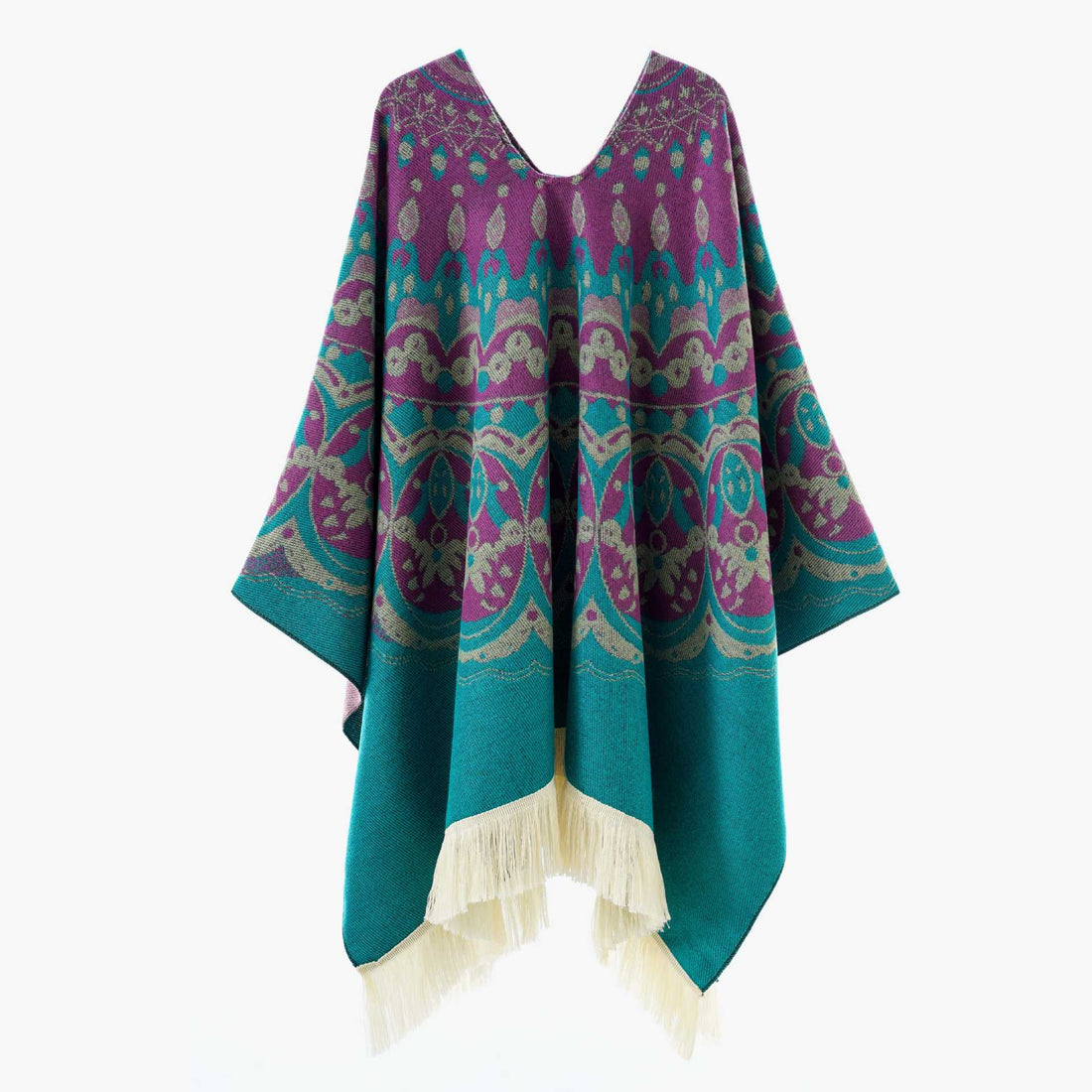 Damen Gewebter Jacquard-Poncho mit V-Ausschnitt, Ethno‑Print und Fransen – Avérine