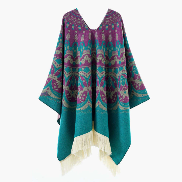 Damen Gewebter Jacquard-Poncho mit V-Ausschnitt, Ethno‑Print und Fransen – Avérine