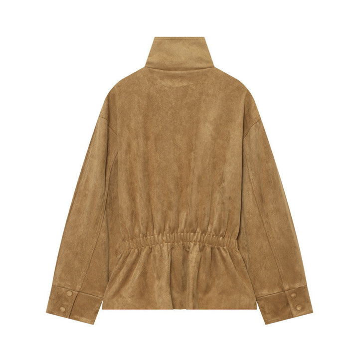 Damen Kurzjacke im Boxy-Cut aus Velourslederoptik mit hohem Stehkragen und Bindegürtel Echo Archiv