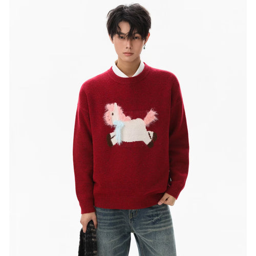 Herren Gemütlicher Grobstrickpullover mit Einhornmotiv Echoarchiv