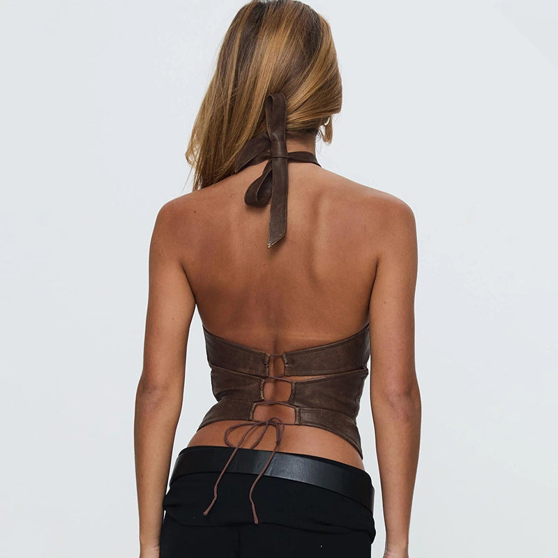 Damen Kunstleder Crop-Top mit verspieltem Bindeband und dekorativem Ring Echo Archiv
