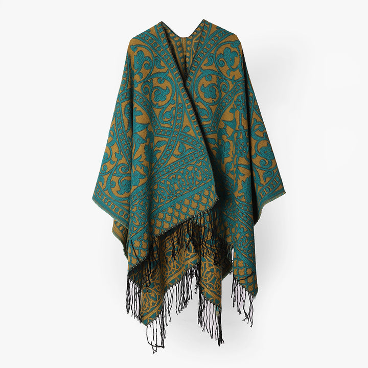 Damen Grobgewebter Rechteck‑Poncho mit orientalischem Medaillon‑Jacquard und dekorativem Fransensaum – Avérine