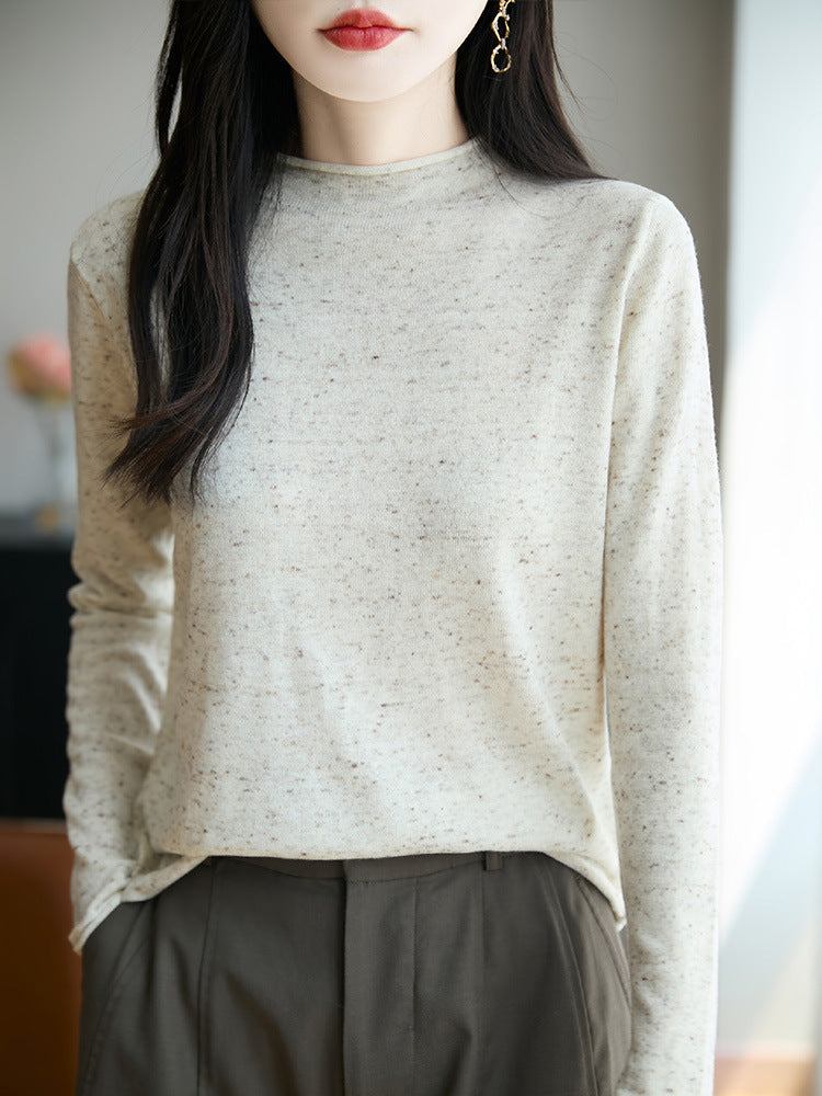 Damen Minimalistischer Nep-Strick-Longsleeve mit kurzem Stehkragen Echoarchiv