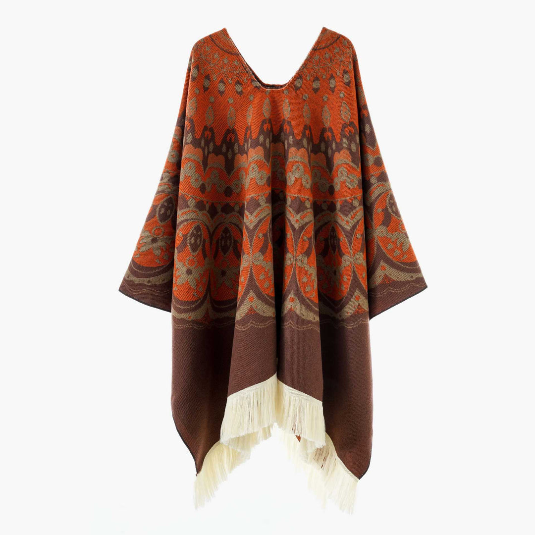 Damen Gewebter Jacquard-Poncho mit V-Ausschnitt, Ethno‑Print und Fransen – Avérine