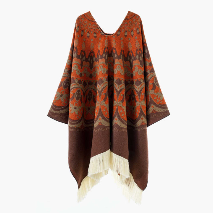 Damen Gewebter Jacquard-Poncho mit V-Ausschnitt, Ethno‑Print und Fransen – Avérine