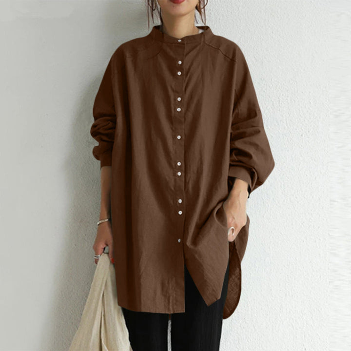 Damen nan lässige Oversize-Tunika-Hemdbluse mit Stehkragen, durchgehender Knopfleiste und seitlichen Schlitzen Echo Archiv