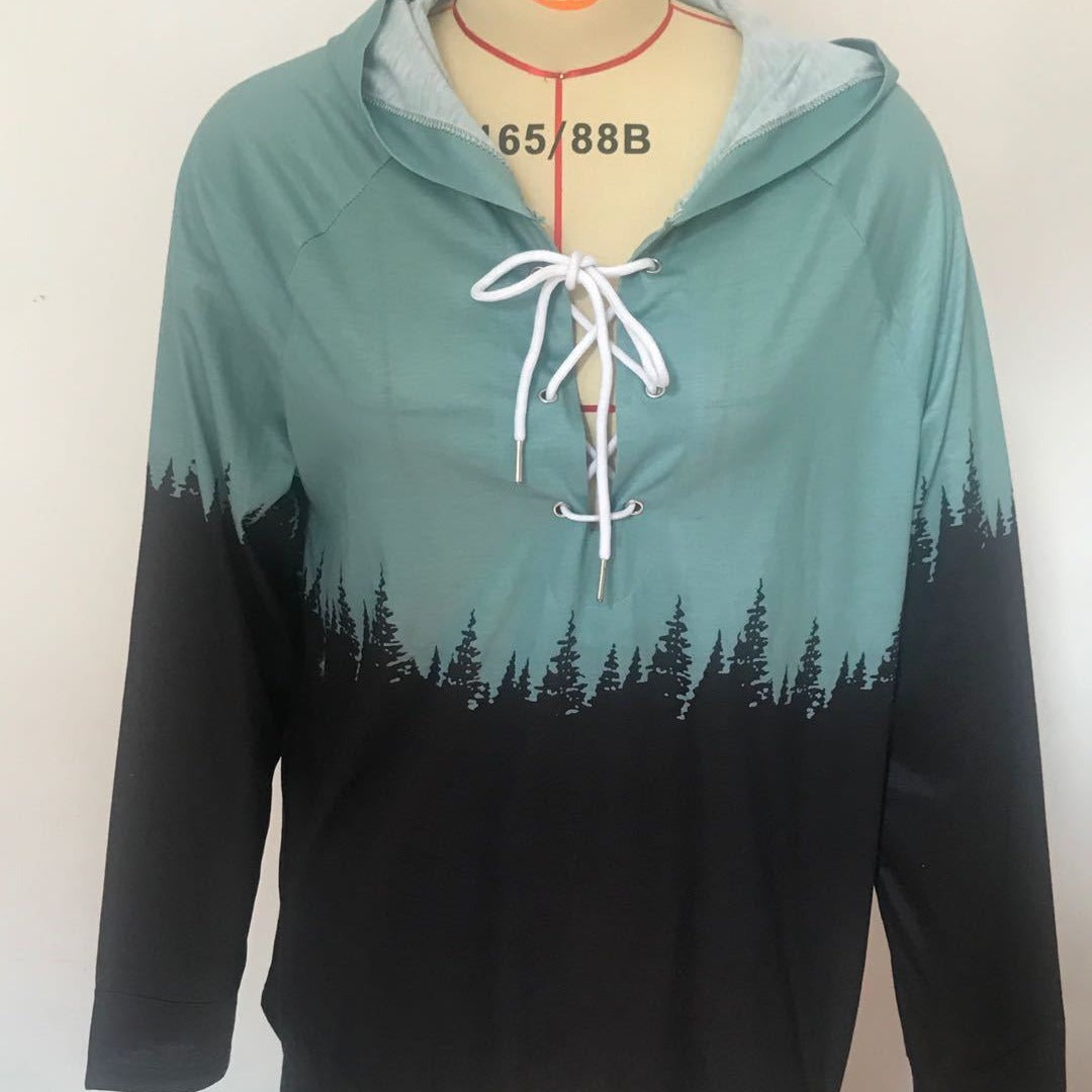 Damen Kapuzenpullover mit Waldprint, Schnürdetail und Raglanärmeln – Auréline