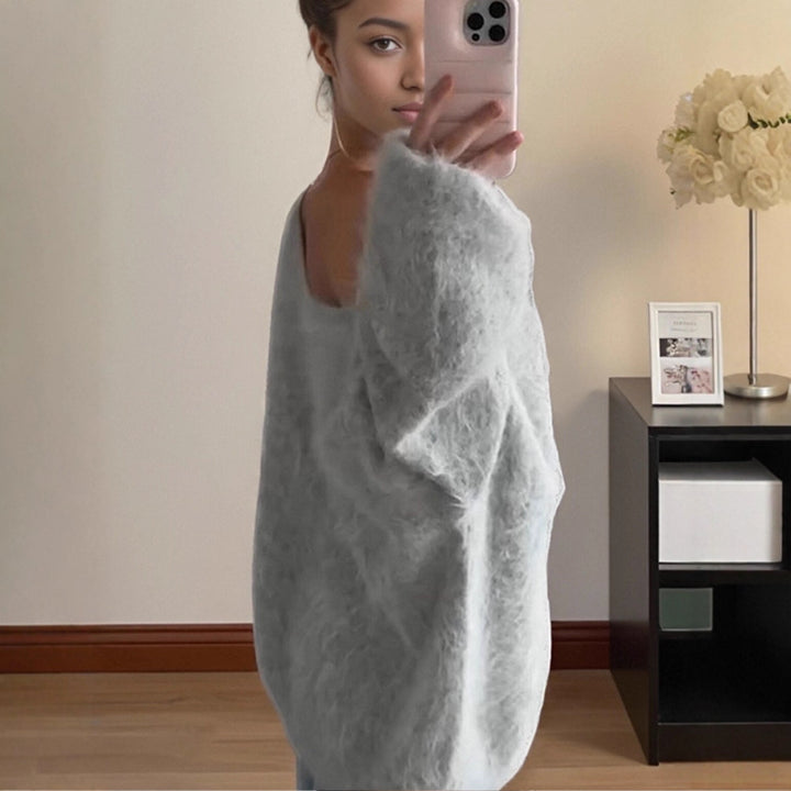 Damen Oversize Mohair-Blend Off-Shoulder Pullover mit Ballonärmeln Echoarchiv