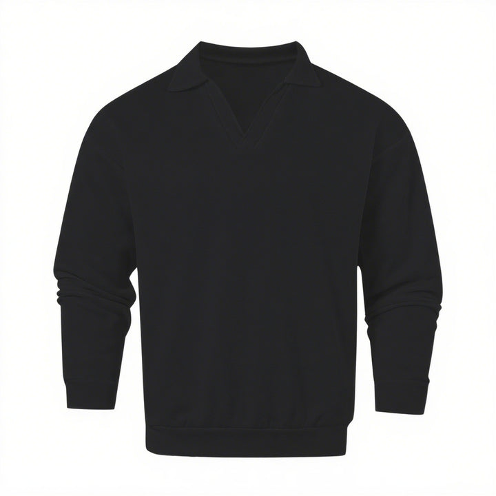 Unisex nan locker geschnittener V-Ausschnitt-Sweatpullover mit Hemdkragen aus Baumwollfleece Echo Archiv