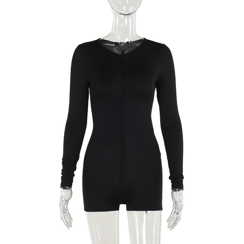 Damen Figurbetonter Langarm-Bodyplaysuit mit Frontreißverschluss und kurzer Shorts-Silhouette – Solévia