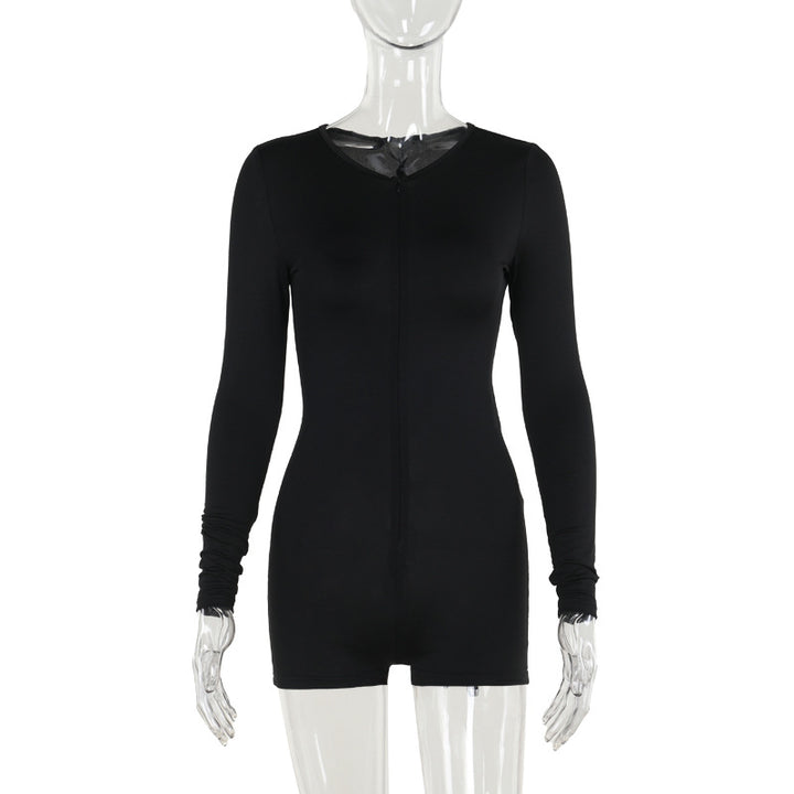 Damen Figurbetonter Langarm-Bodyplaysuit mit Frontreißverschluss und kurzer Shorts-Silhouette – Solévia