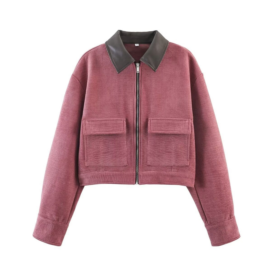 Damen Kurze Cordjacke im Blousonstil mit Lederkragen und aufgesetzten Klappentaschen Echo Archiv