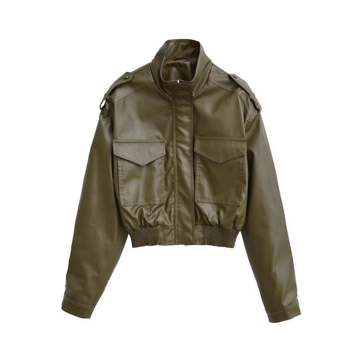 Damen Kurze PU-Leder-Bomberjacke mit hohem Stehkragen, Pattentaschen und Schulterklappen Echo Archiv