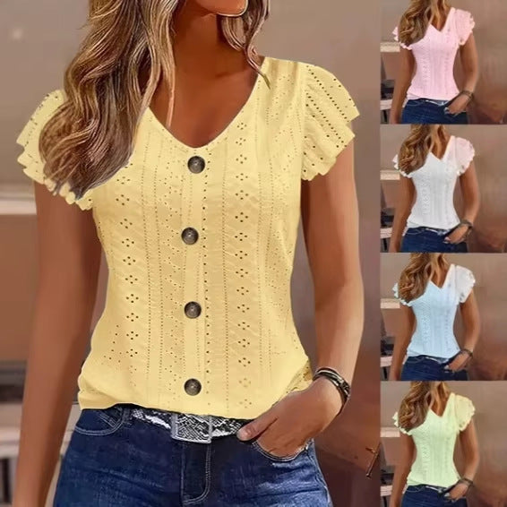 Damen luftige Bluse mit filigranem Lochmuster und Knopfdetails Echo Archiv