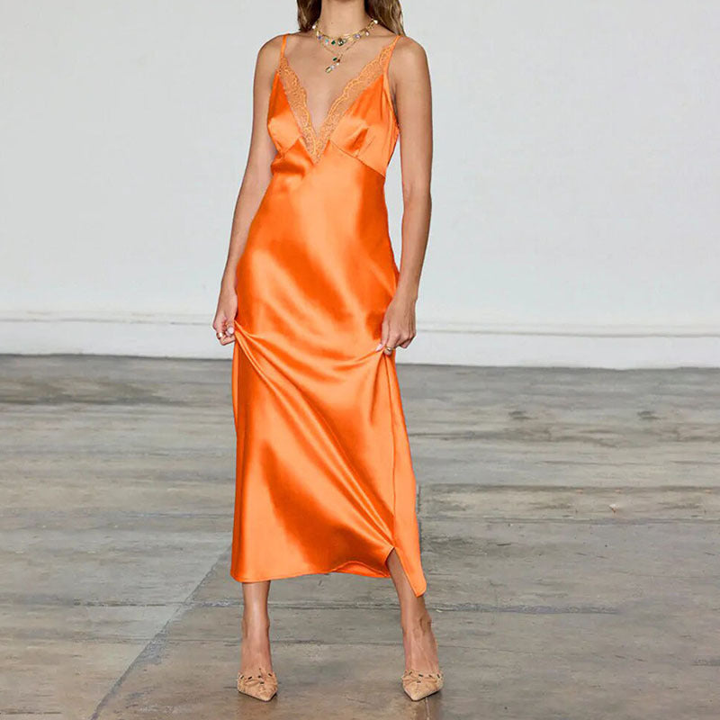 Damen Elegantes Satin-Maxikleid mit transparenter Spitze Echo Archiv