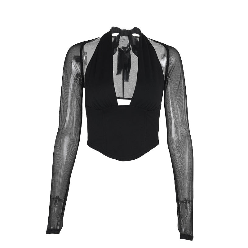 Damen Cropped-Top mit transparenten Ärmeln und tiefem V-Ausschnitt Echo Archiv