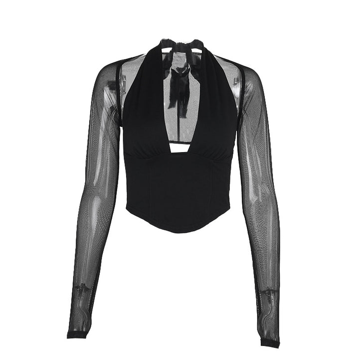 Damen Cropped-Top mit transparenten Ärmeln und tiefem V-Ausschnitt Echo Archiv