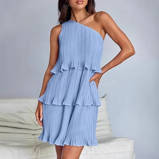 Damen Ärmelloses plissiertes Stufenkleid mit asymmetrischer Schulterpartie Echo Archiv