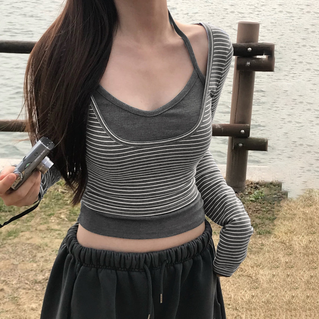 Damen nan gerafftes Layering-Cropped-Top mit integriertem Bustier und feinem Streifenstrick Echo Archiv