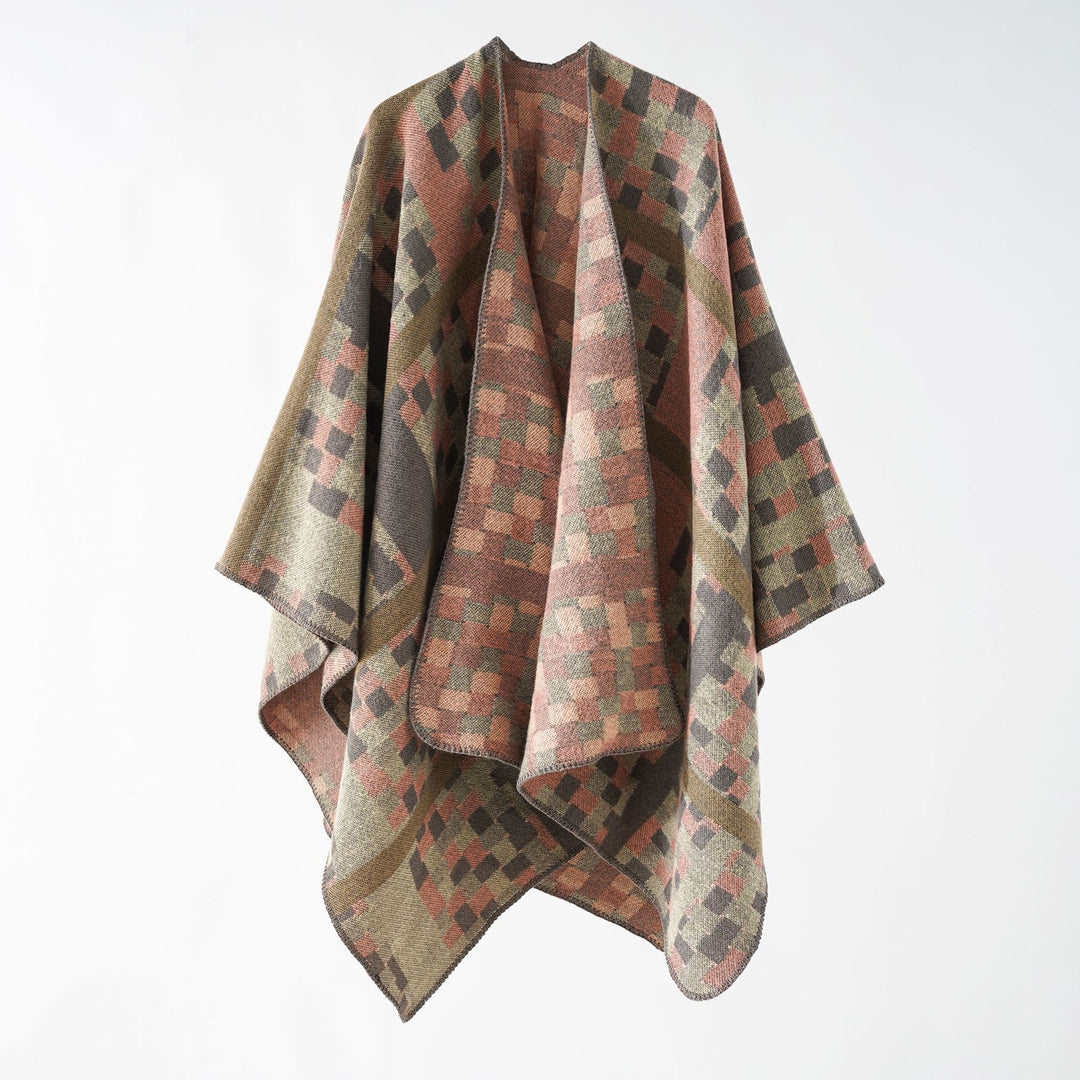 Damen Kastiger Webponcho mit grafischem Jacquard und Kettelkante Echo Archiv