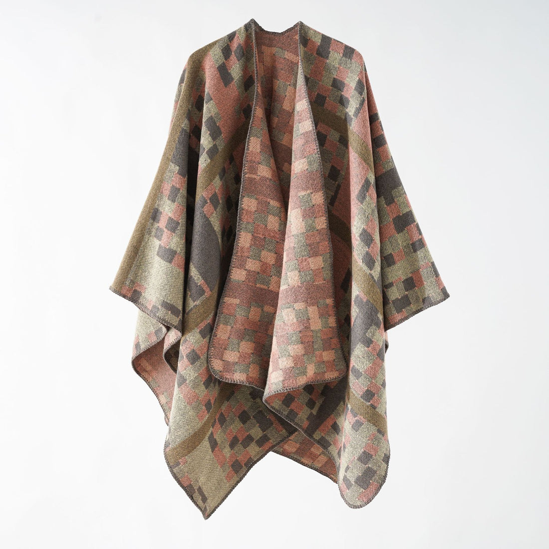 Damen Kastiger Webponcho mit grafischem Jacquard und Kettelkante – Veloura