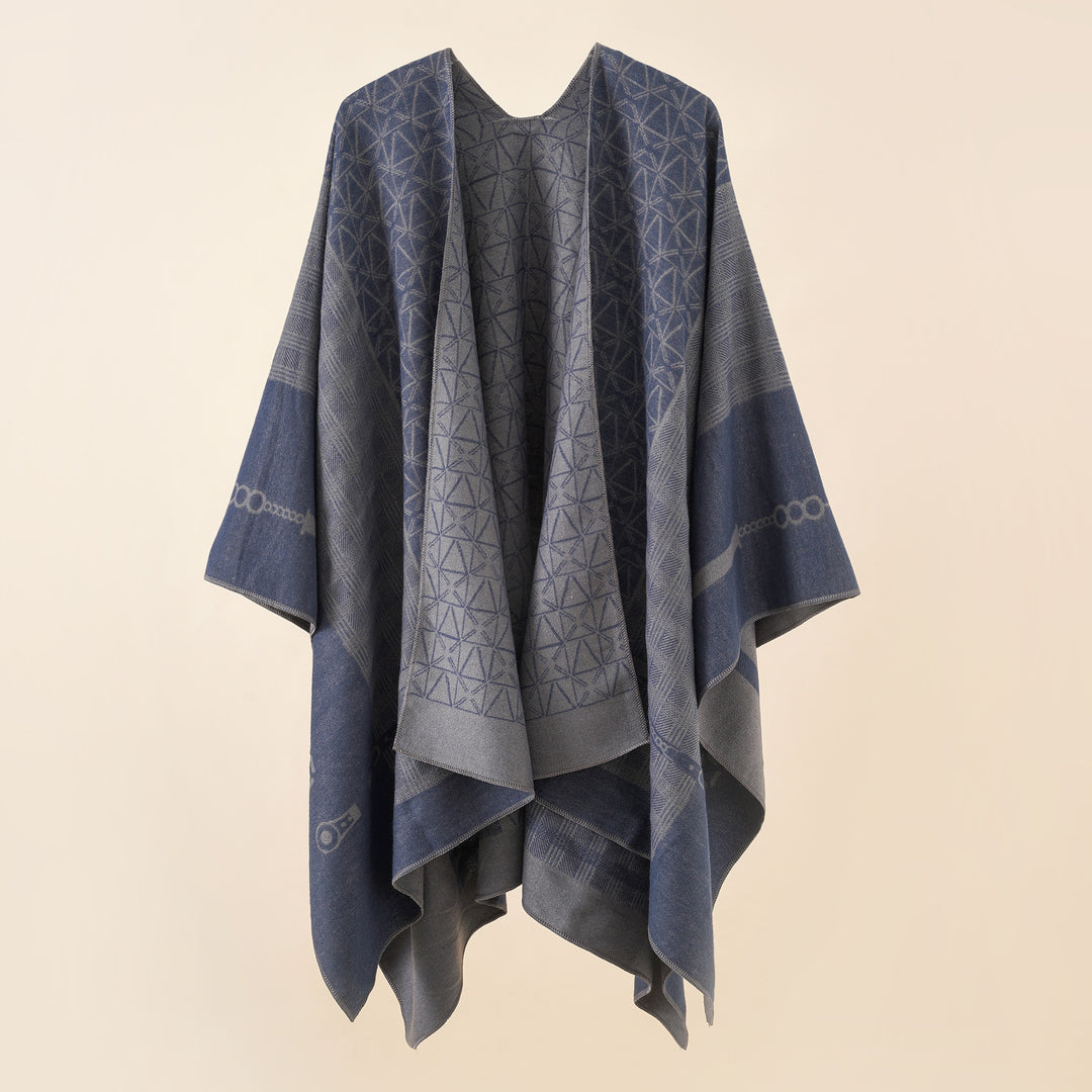 Damen Geometrisches Jacquard-Ruana-Cape aus Wollmix mit offener Kimono-Silhouette – Montévia