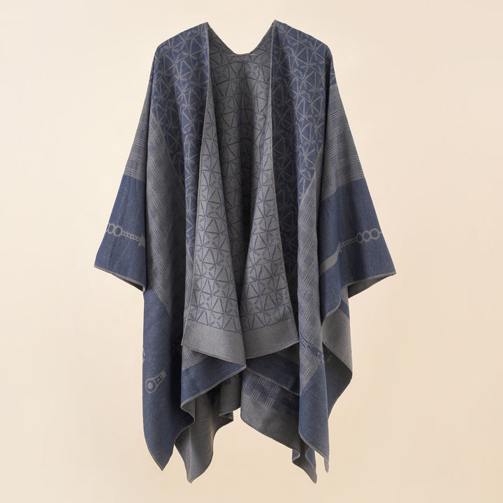 Damen Geometrisches Jacquard-Ruana-Cape aus Wollmix mit offener Kimono-Silhouette – Montévia